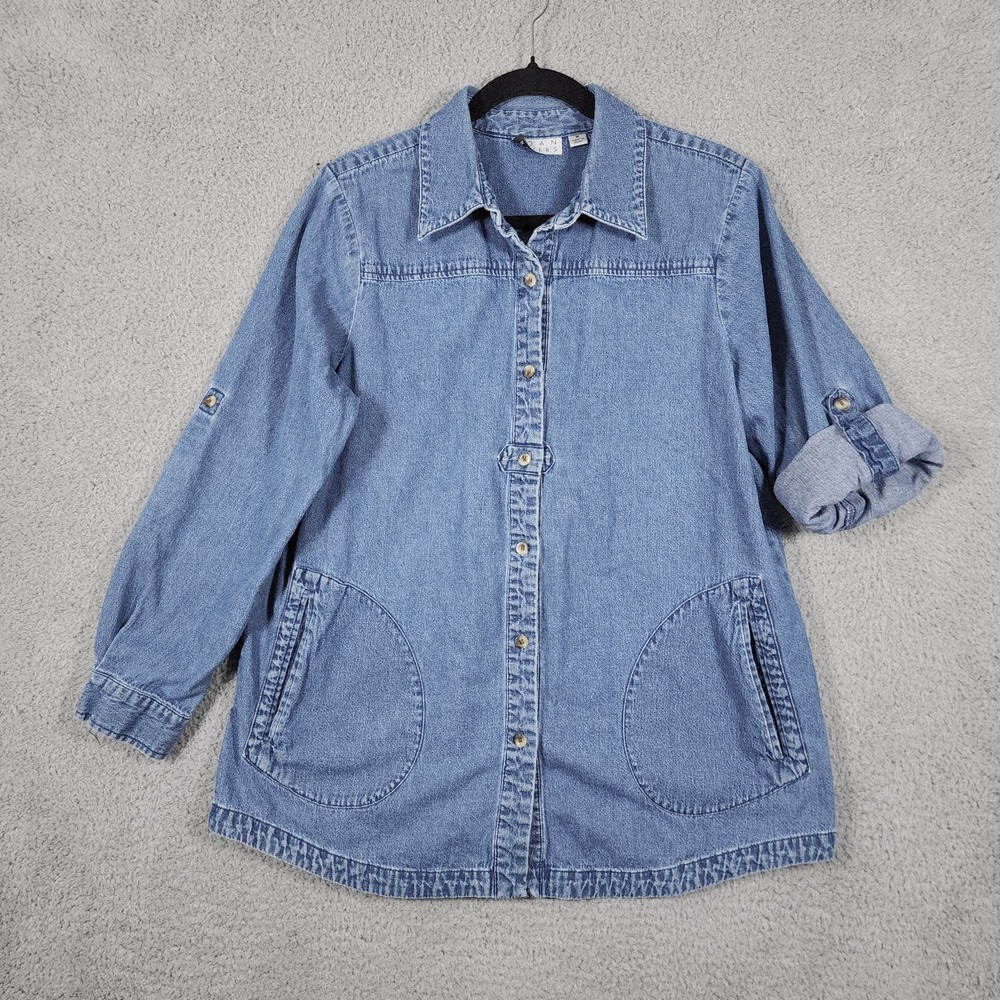 VTG Joan Rivers Denim Button Up Shirt Women M Blue Roll Tab Sleeves Lagenlook